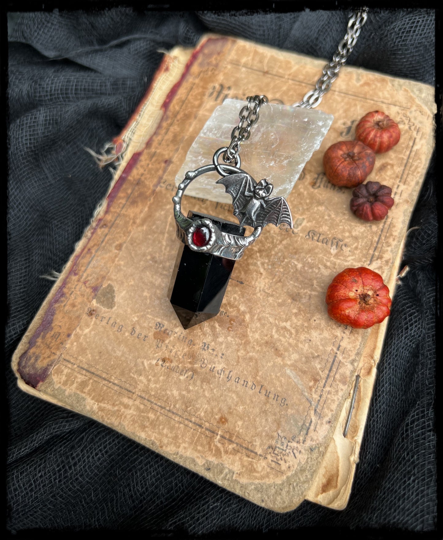 Bat in the belfry ~Obsidian & garnet bat crystal necklace~