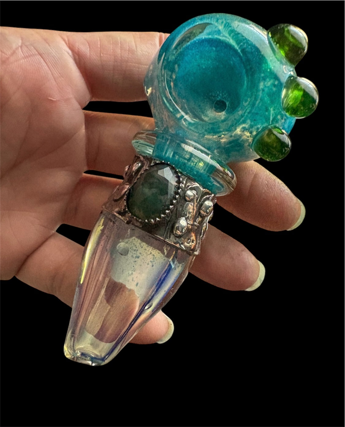Stoned Alchemy -Ceremonial herb vessel(pipe)molten metal & green kyanite
