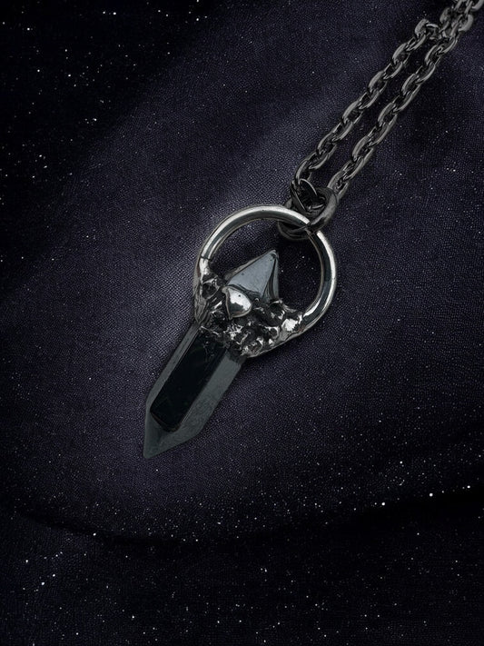 Hand crafted brutalist hematite Tiffany Technique crystal stacker necklace~