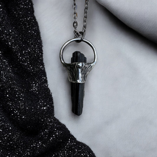 Handcrafted raw black tourmaline Tiffany Technique Talisman necklace~