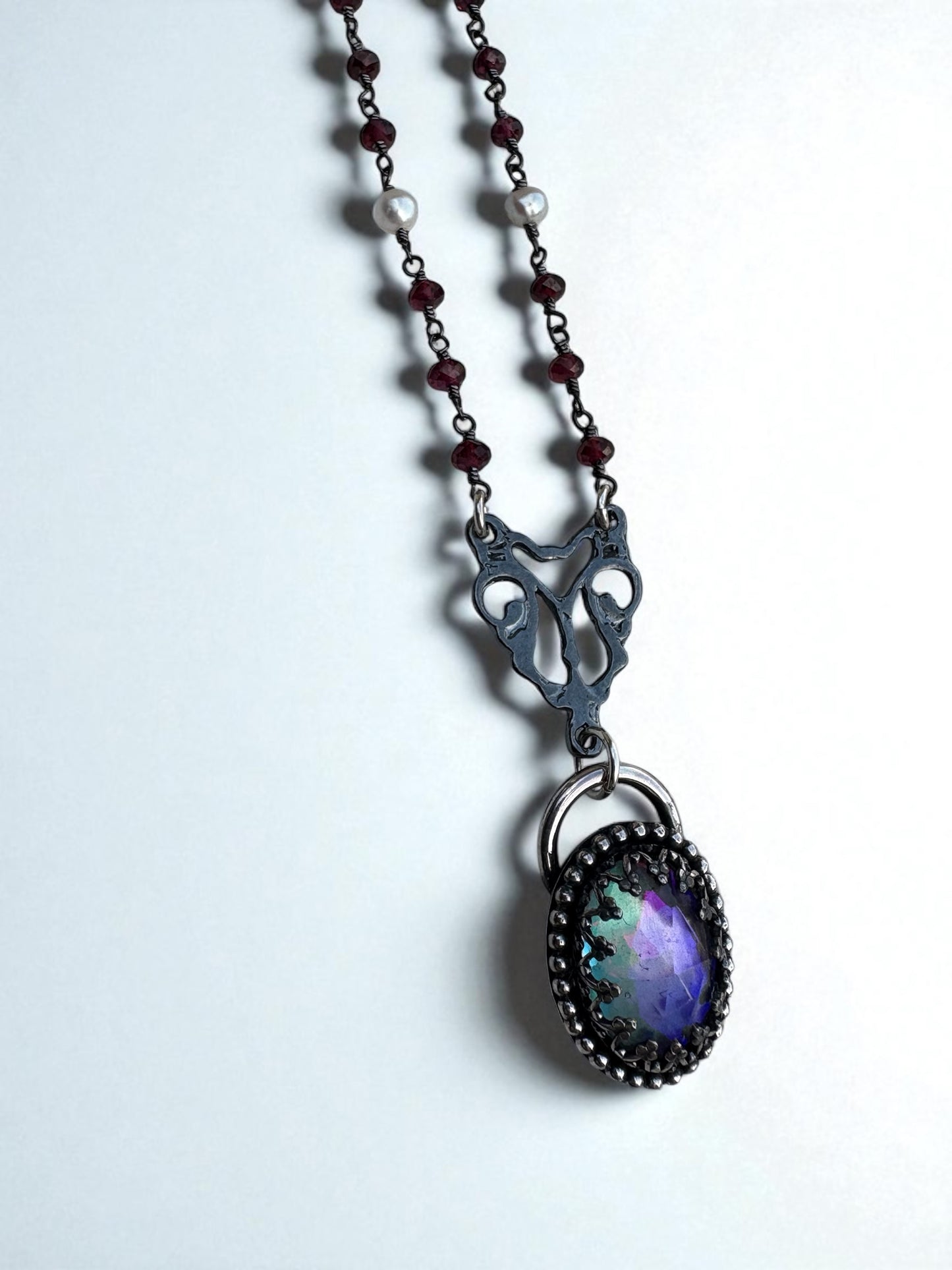 Mourning Chaplet – Sterling Silver Necklace with Mystic Quartz, Garnet & Pearl