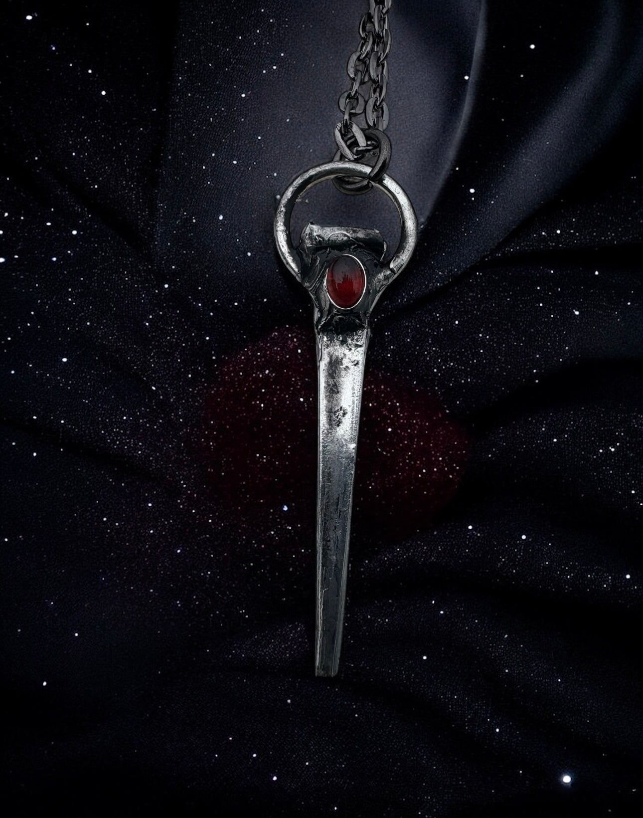 Blood-drop~Hand Crafted Antique Coffin nail with garnet Tiffany technique pendant necklace~