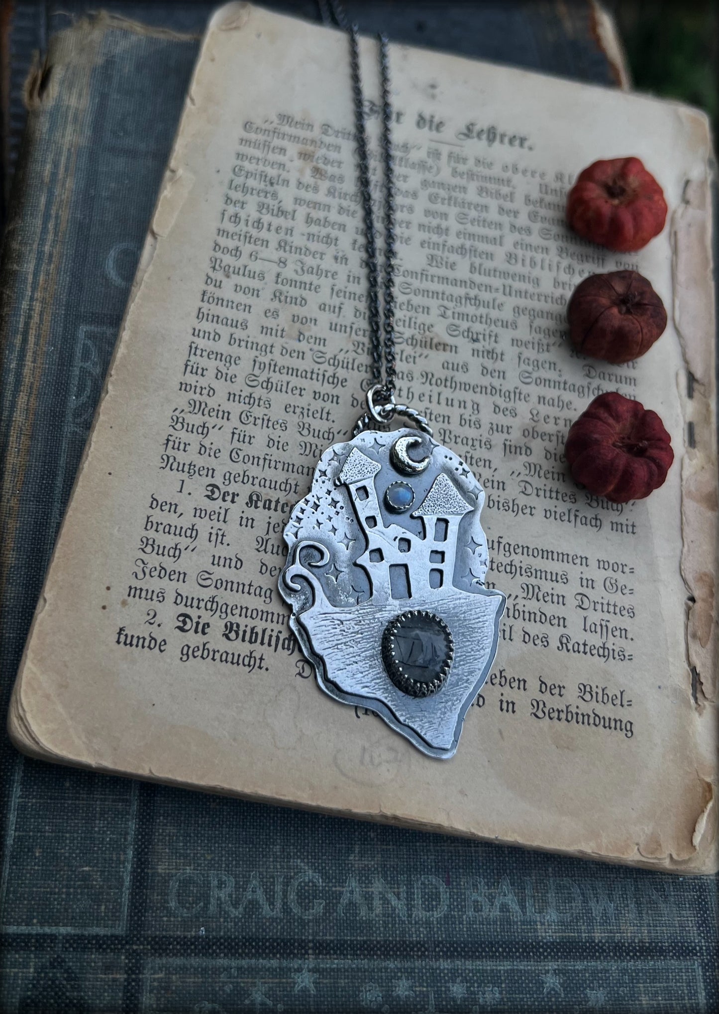 Haunted House~Hand crafted Sterling silver haunted house with rose cut black tourmaline included quartz & rainbow moonstone necklace~