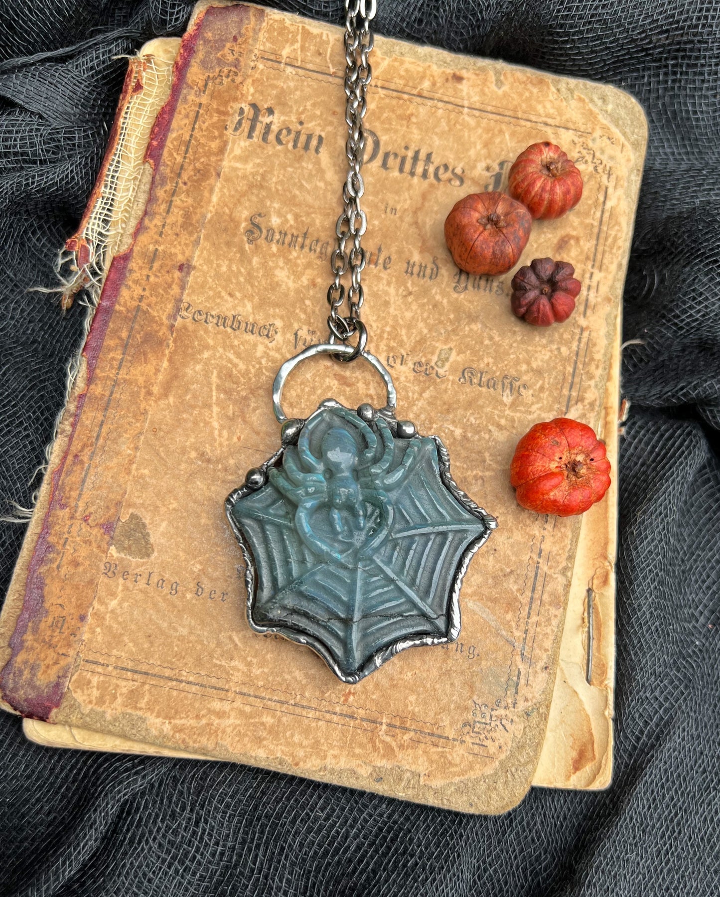 Spider on web carved Labradorite Tiffany technique necklace~