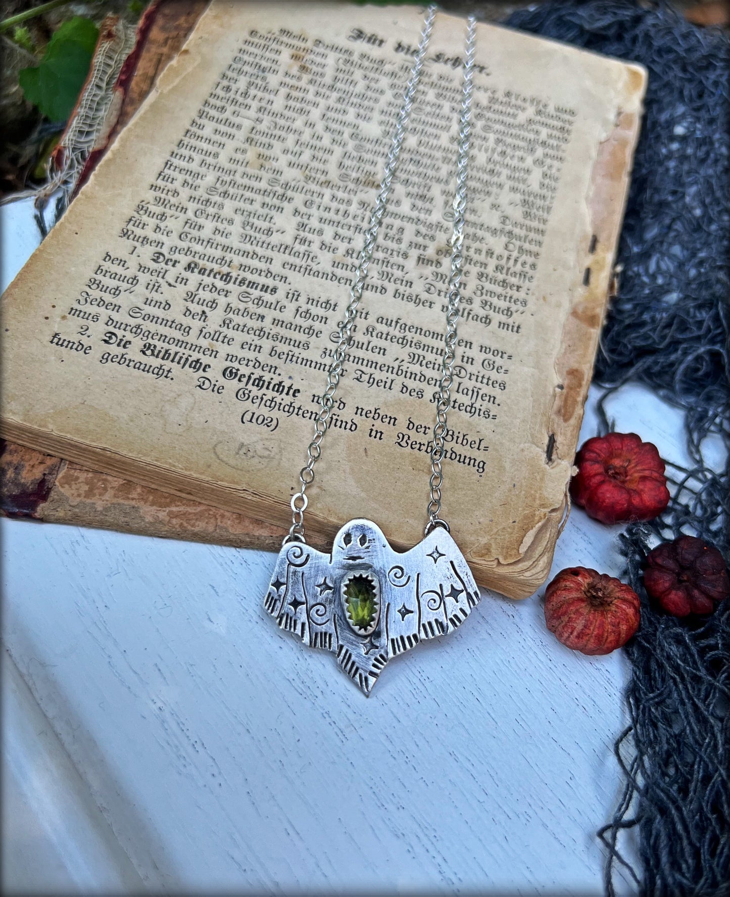 Ghostie~ hand crafted sterling silver rose cut peridot ghost necklace~