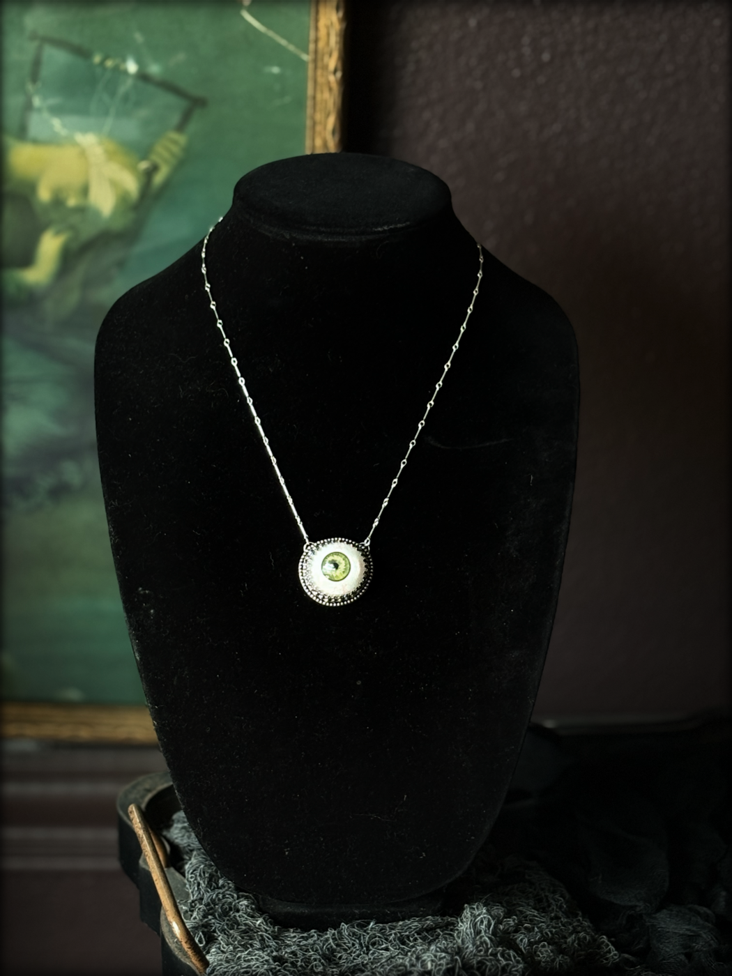 Eye see you~Hand crafted sterling & fine silver prosthetic green eye necklace ~