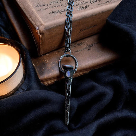 Hand crafted antique coffin nail Tiffany technique necklace with rainbow moonstone~