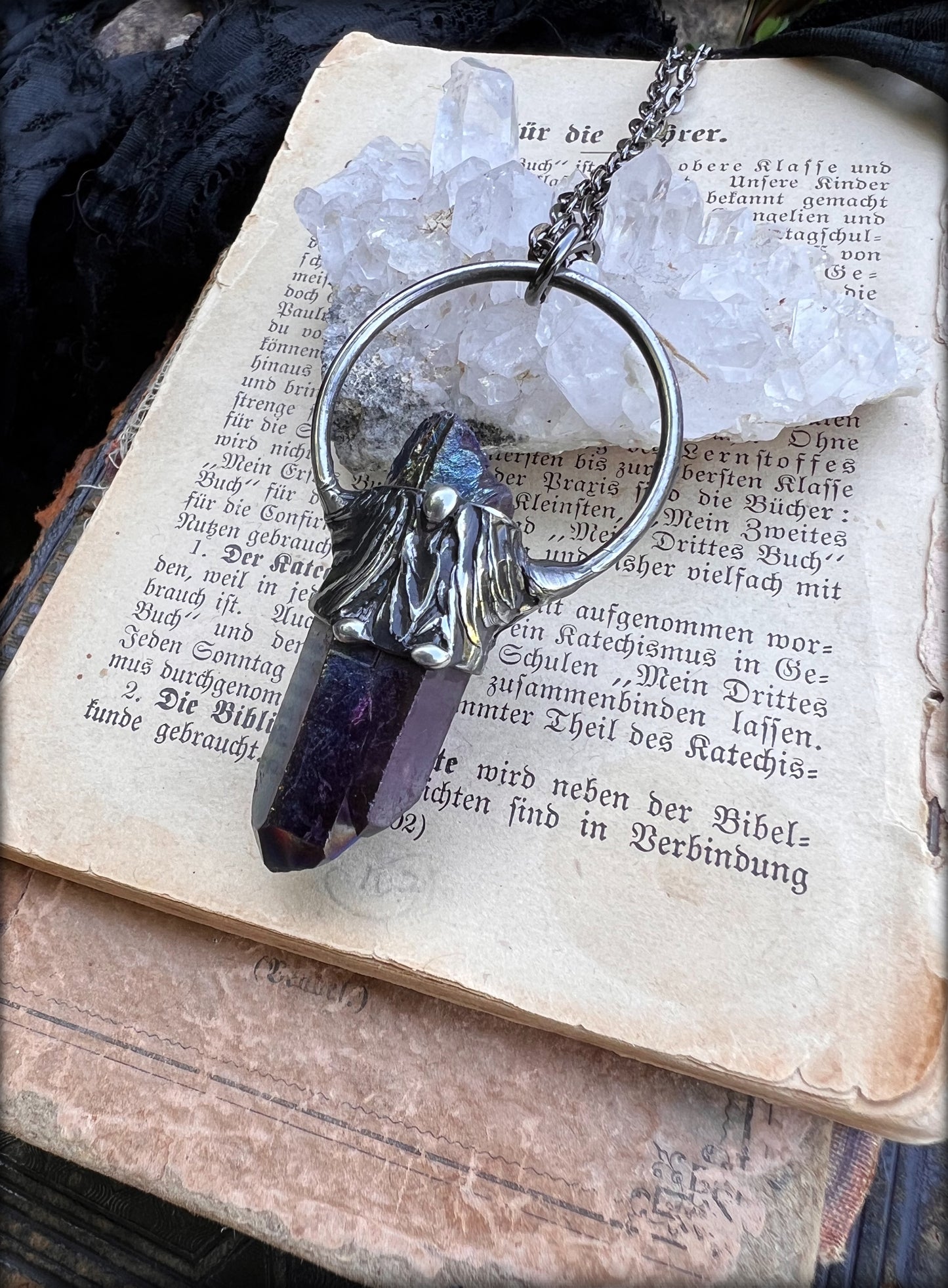 Bismuth fused crystal Tiffany Technique Talisman necklace~