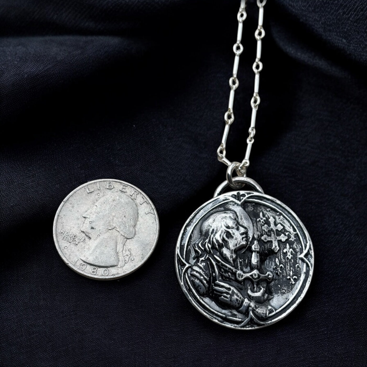 Handcrafted sterling and fine silver Joan of Arc necklace~