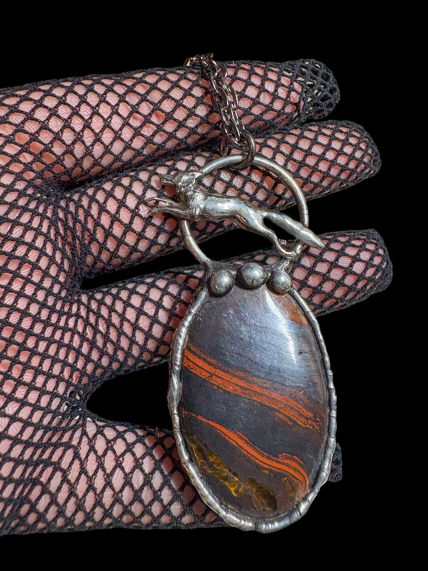 Kintsune~Moss agate fox Amulet statement necklace~