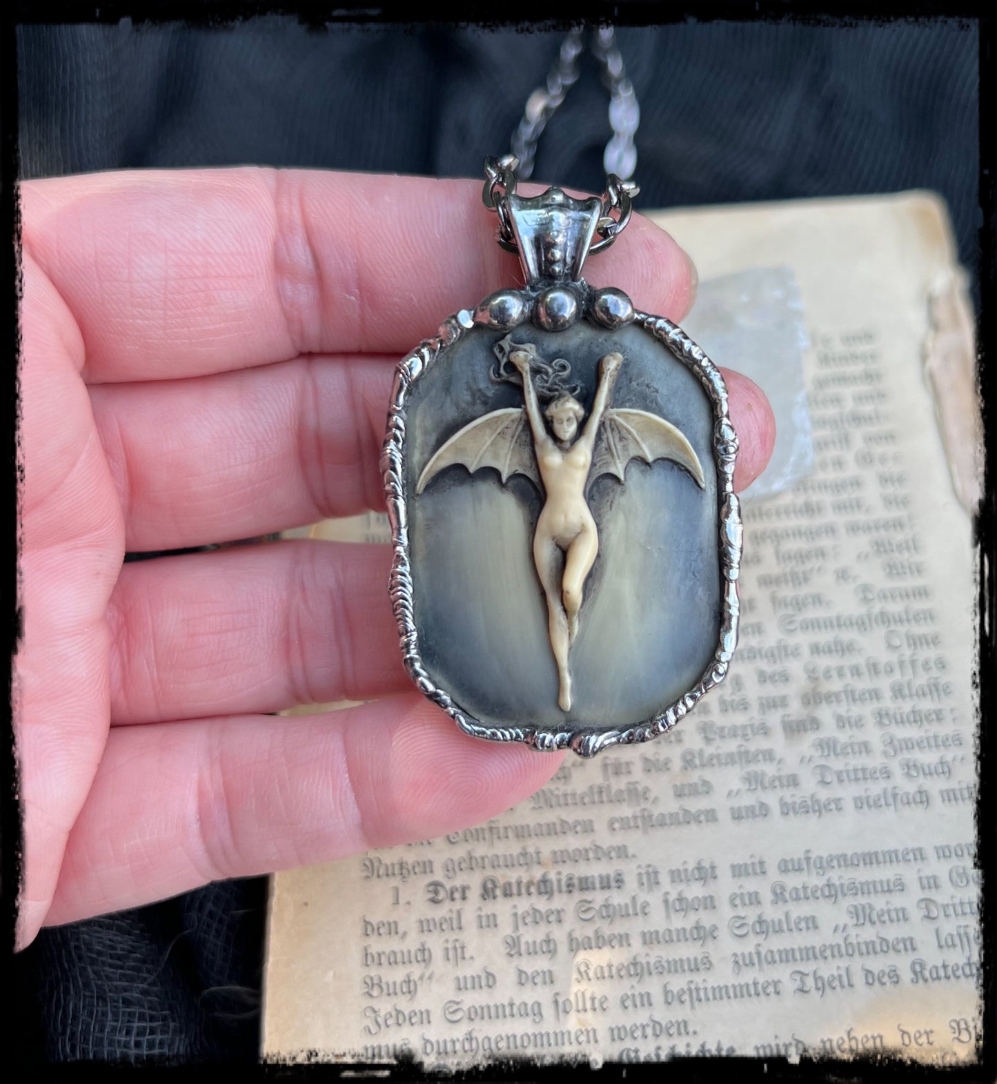 La Femme Chauve-Souris ~resin bat woman black & blue antiqued patina hand crafted Tiffany technique necklace~