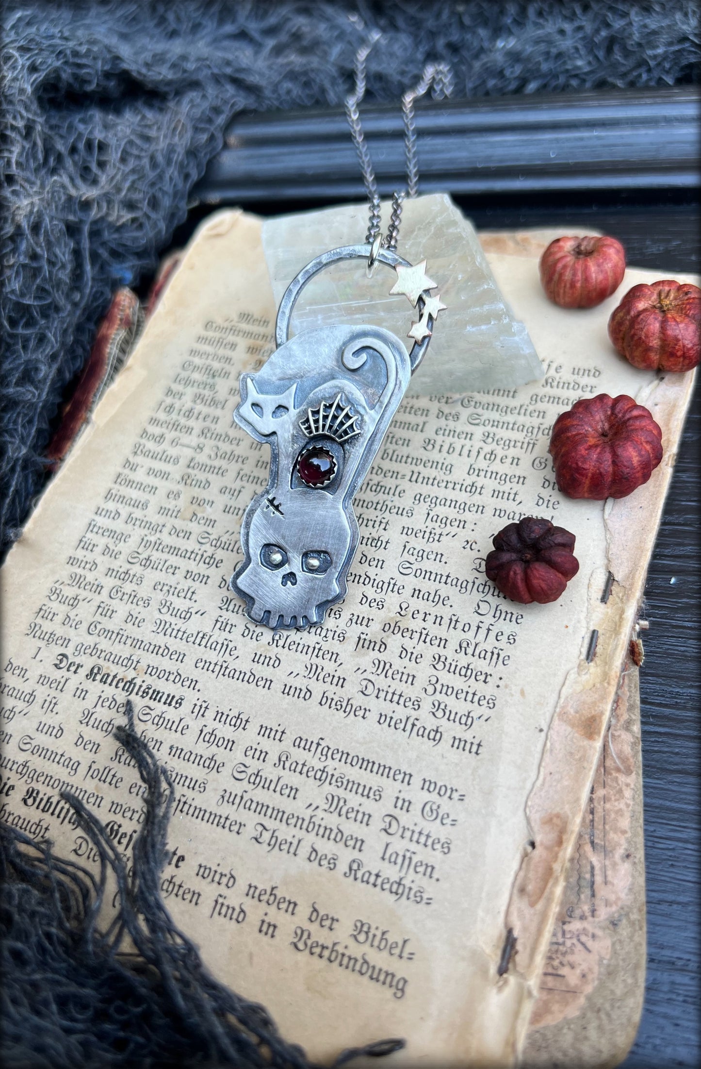 Scaredy-cat ~Hand crafted Sterling silver cat & skull with spiderweb garnet statement necklace ~