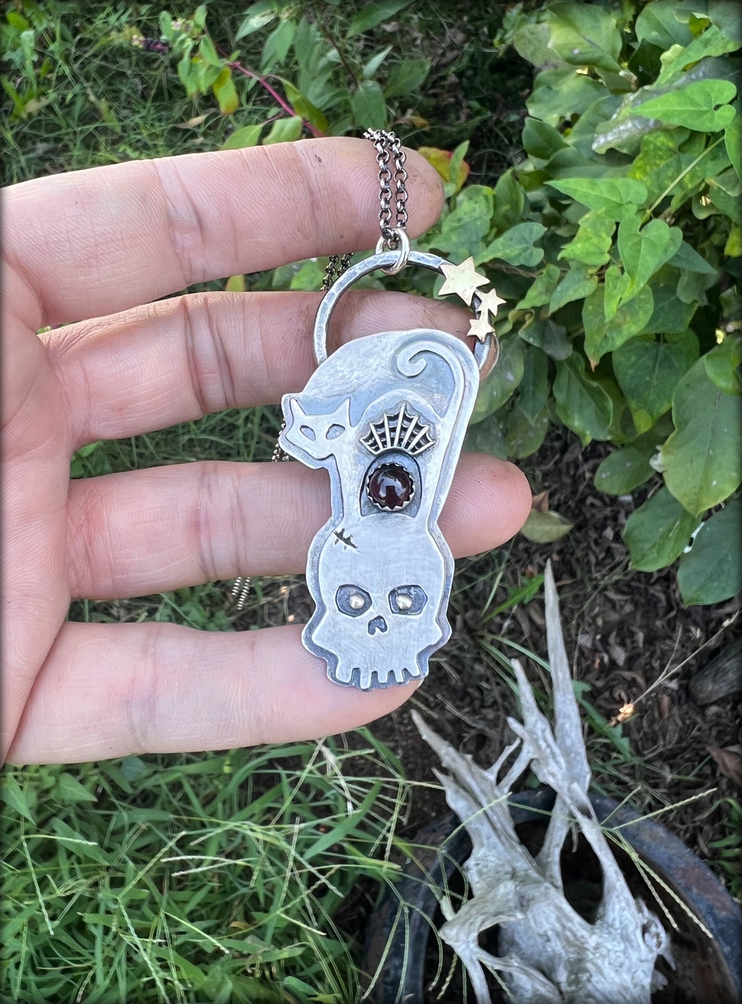 Scaredy-cat ~Hand crafted Sterling silver cat & skull with spiderweb garnet statement necklace ~
