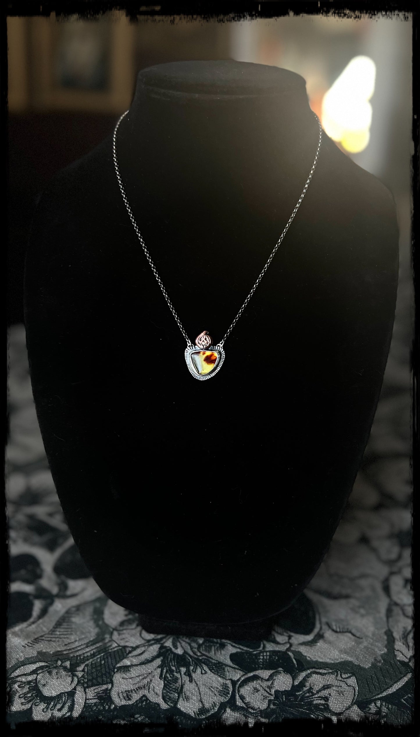 Forever Autumn~sterling silver & copper jack-o’-lantern & baltic Amber sterling silver necklace~