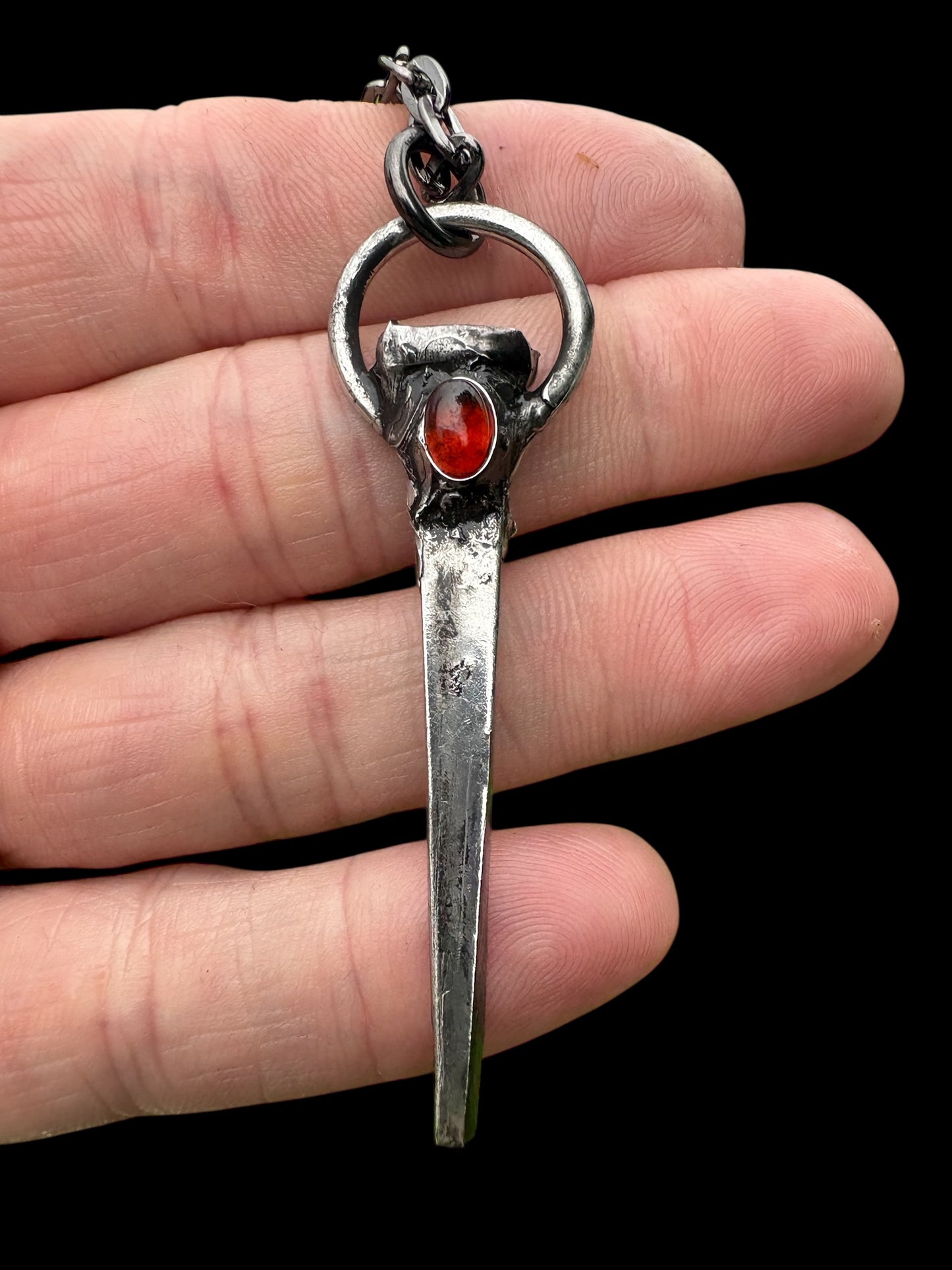 Blood-drop~Hand Crafted Antique Coffin nail with garnet Tiffany technique pendant necklace~