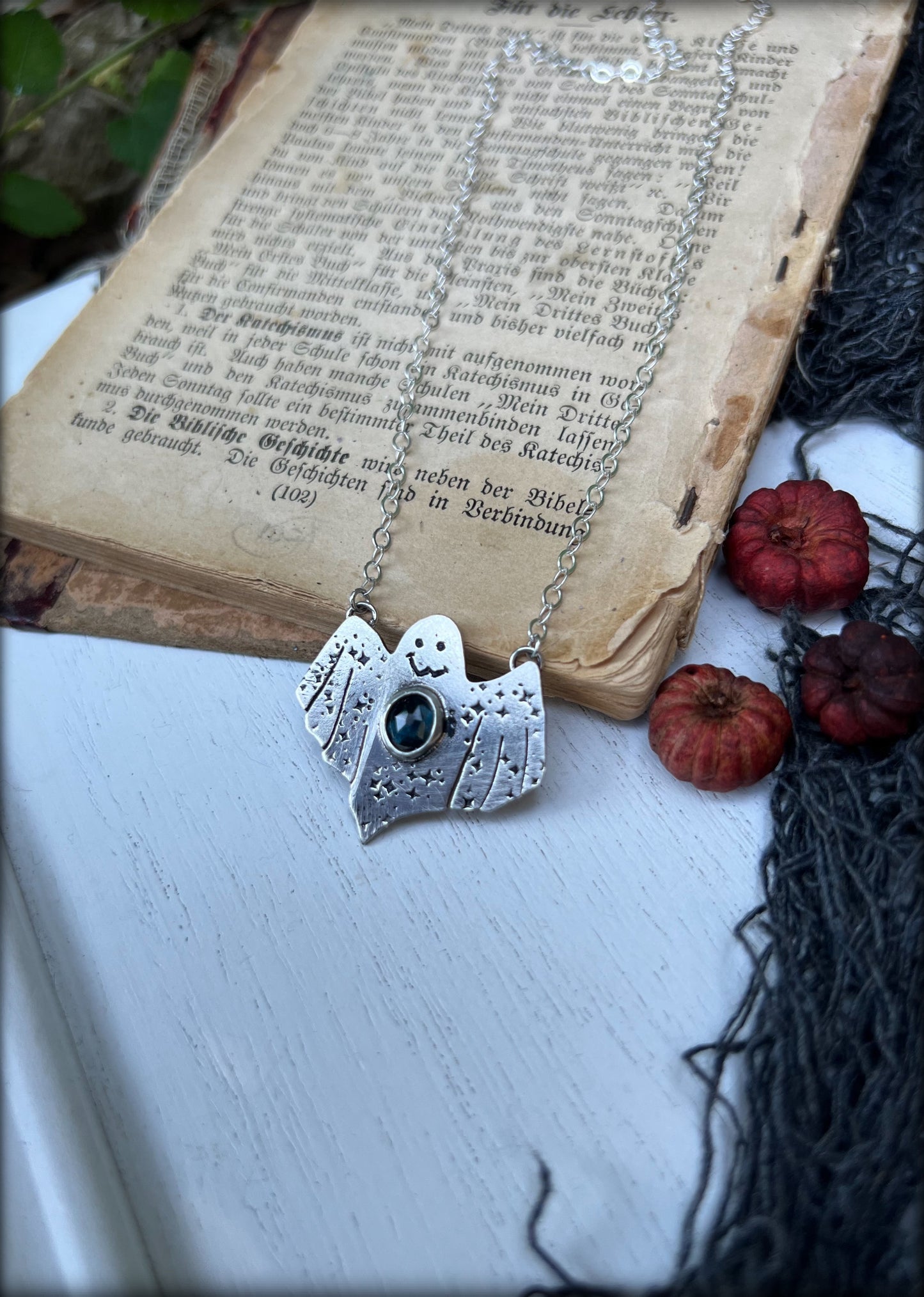 Ghostie~ hand crafted sterling silver rose cut blue tourmaline ghost necklace~