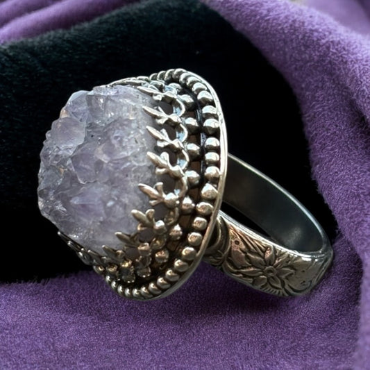 Handcrafted sterling silver raw amethyst cluster ring size 8~