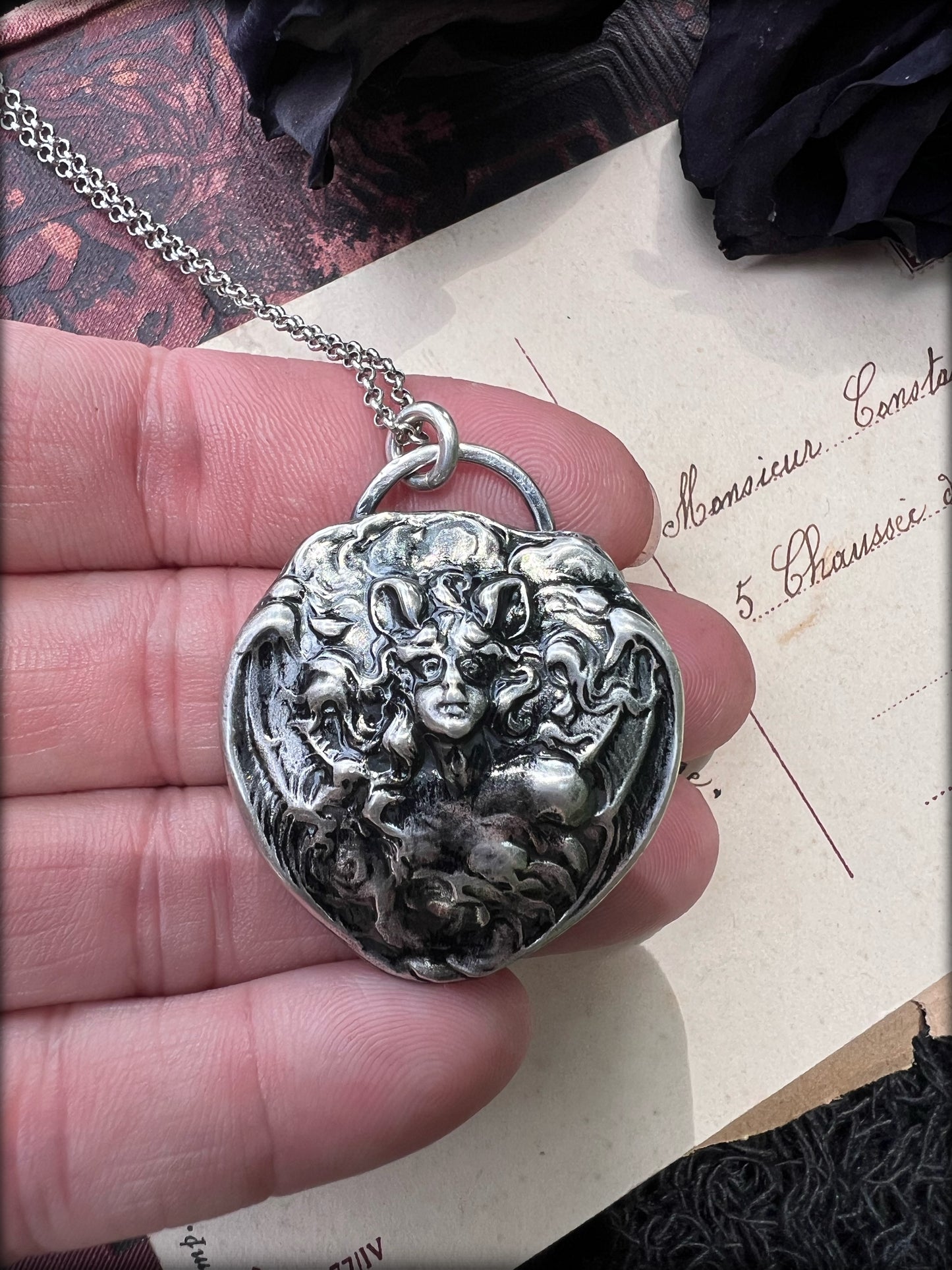 Unger Bros die cast Bat woman sterling and fine silver necklace MTO~
