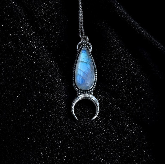 Moonveil Relic~ Handcrafted Blue Moonstone Crescent Pendant | Celestial necklace ~