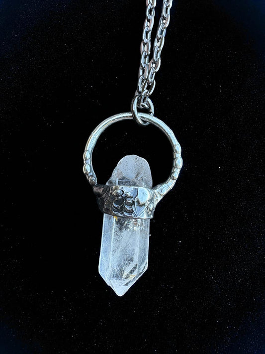 Handcrafted raw clear quartz Tiffany Technique Talisman necklace~
