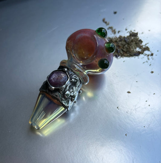Stoned Alchemy -Ceremonial herb vessel(pipe)molten metal & ruby sapphire-