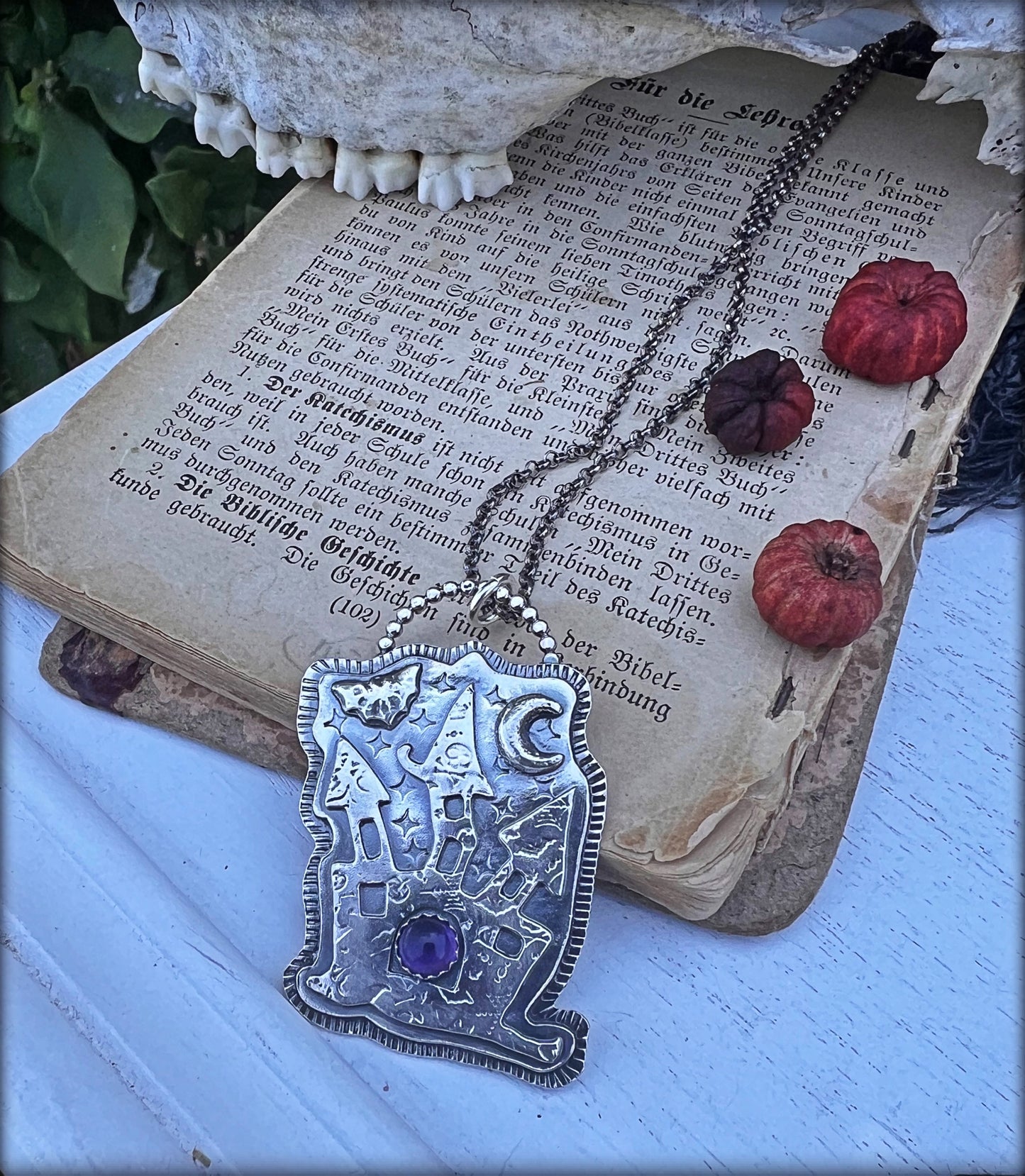 Haunted House~Hand crafted Sterling silver haunted house with amethyst necklace~