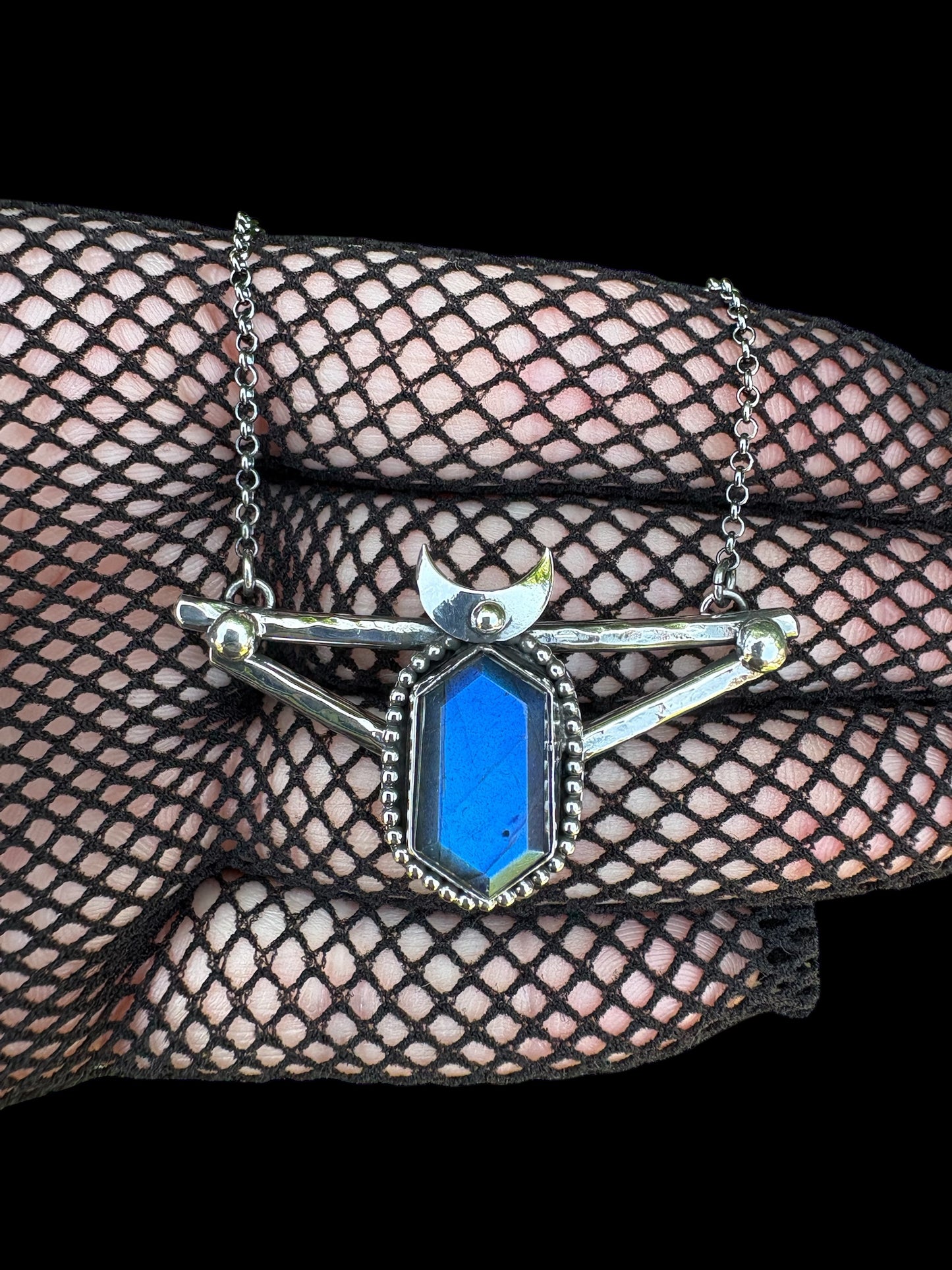 Moonbound Sigil~ Sterling Silver Necklace with Blue Labradorite | Crescent Moon Pendant | Witchy Jewelry | Celestial Talisman