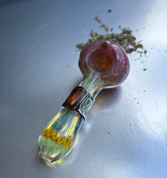 Stoned Alchemy -Ceremonial herb vessel(pipe)molten metal & baltic Amber