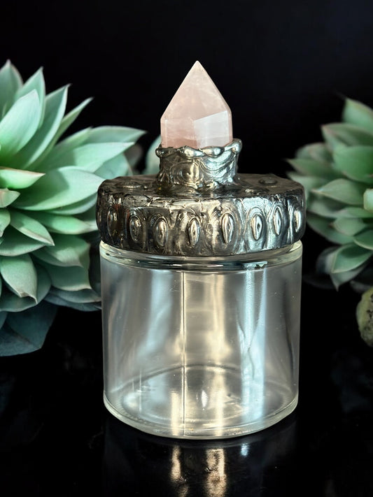 Stoned Alchemy High Priestess herbal jar with decorative rose quartz crystal lid clear glass bottom-