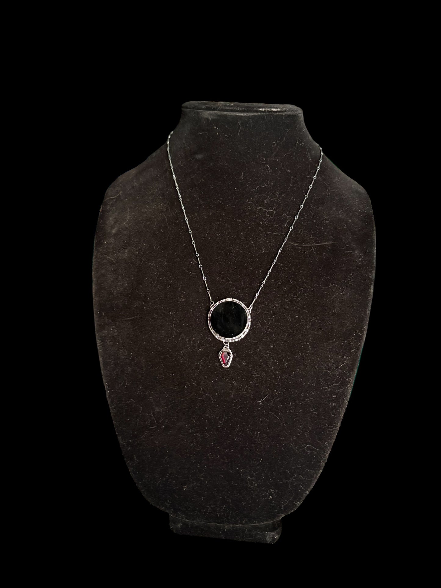 The Obsidian Veil-obsidian scrying mirror with coffin cut garnet Sterling silver necklace-