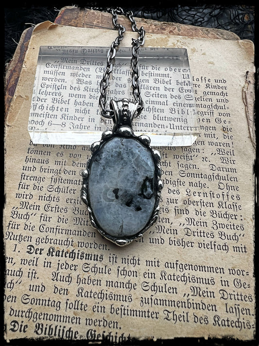 Hand crafted black tourmaline included moonstone Tiffany technique pendant necklace ~