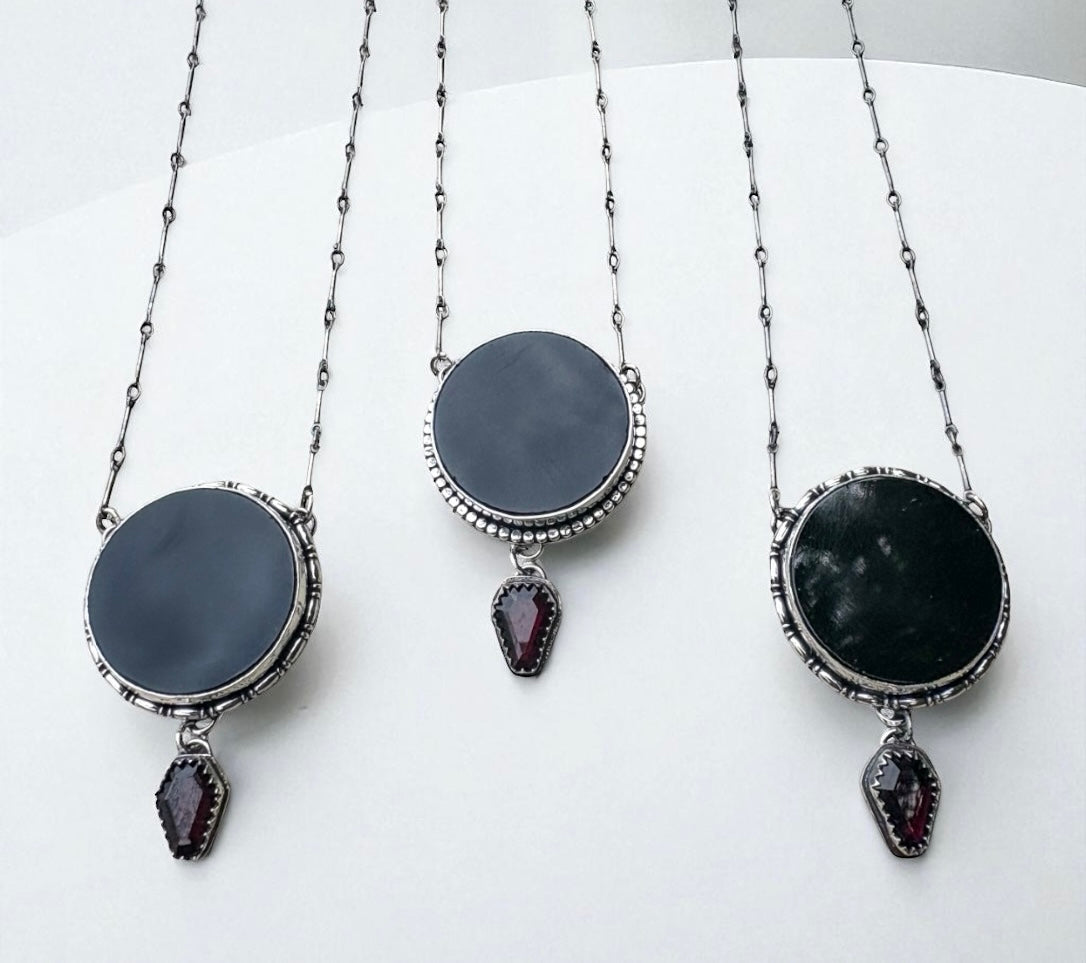 The Obsidian Veil-obsidian scrying mirror with coffin cut garnet Sterling silver necklace-