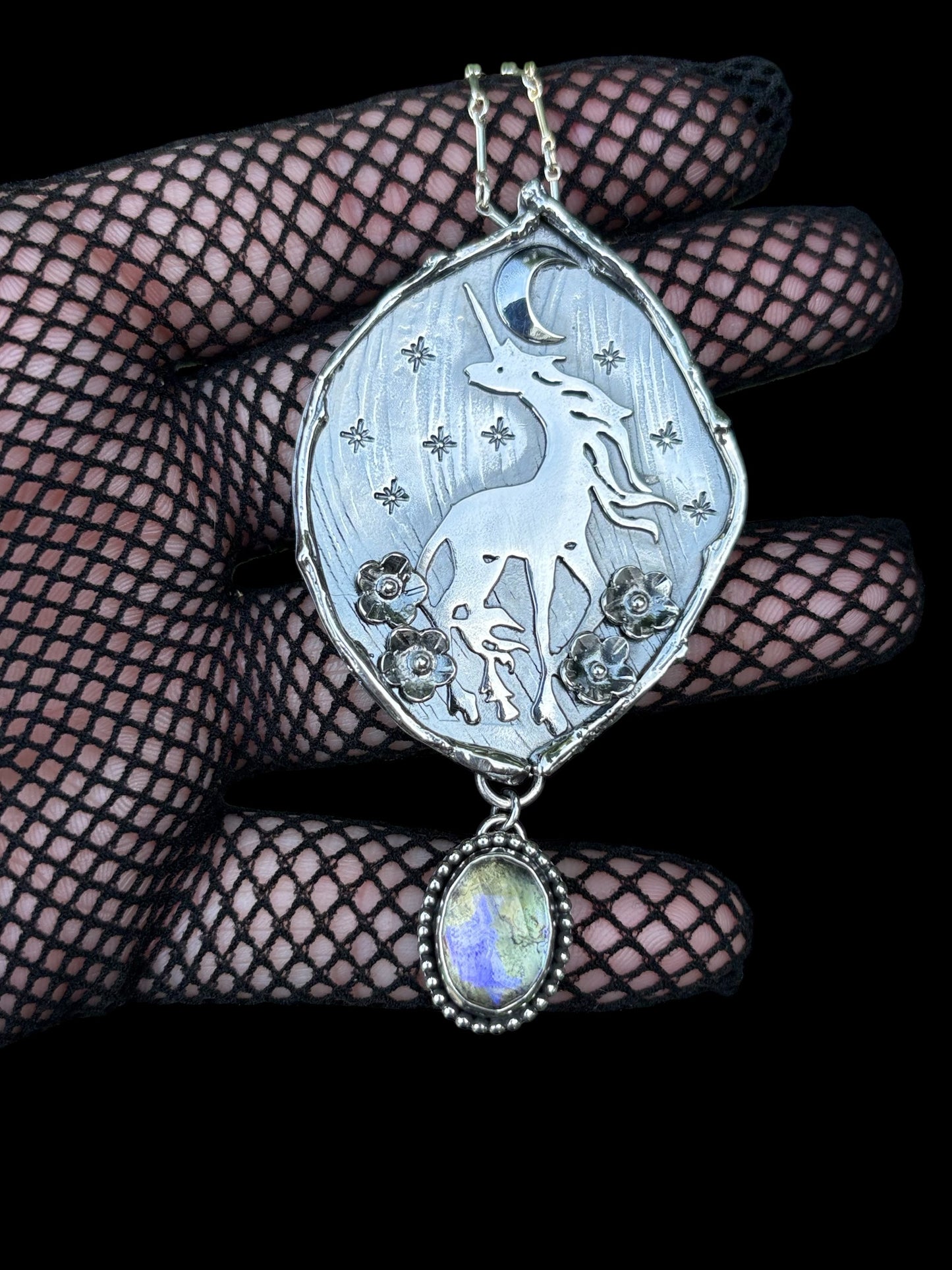 The Last Unicorn Talisman – Handcrafted Sterling Silver Necklace with Rainbow Mystic Quartz