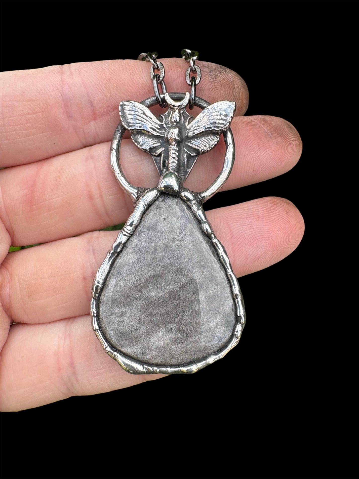 Nocturne’s Emissary –Deathmoth Tiffany technique pendant with silver sheen obsidian pendant necklace ~