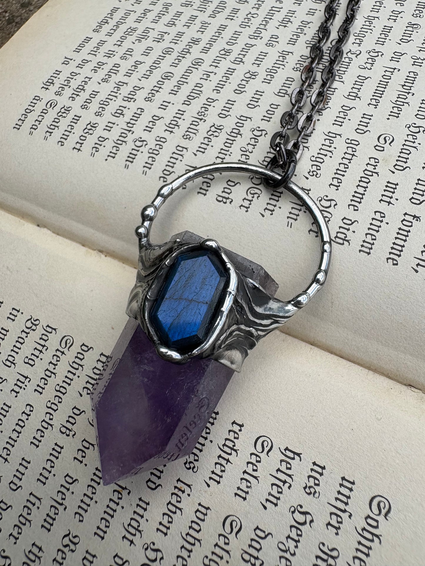 Handcrafted amethyst and blue labradorite crystal Talisman necklace-