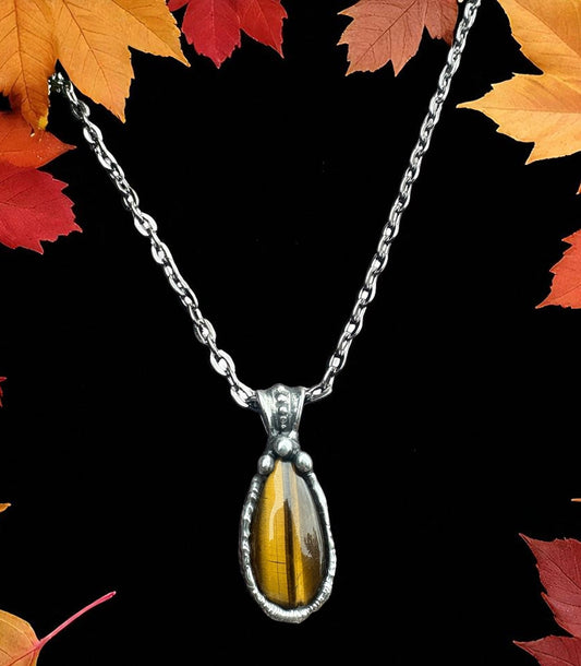Hand crafted Tiffany technique, tiger eye amulet necklace~