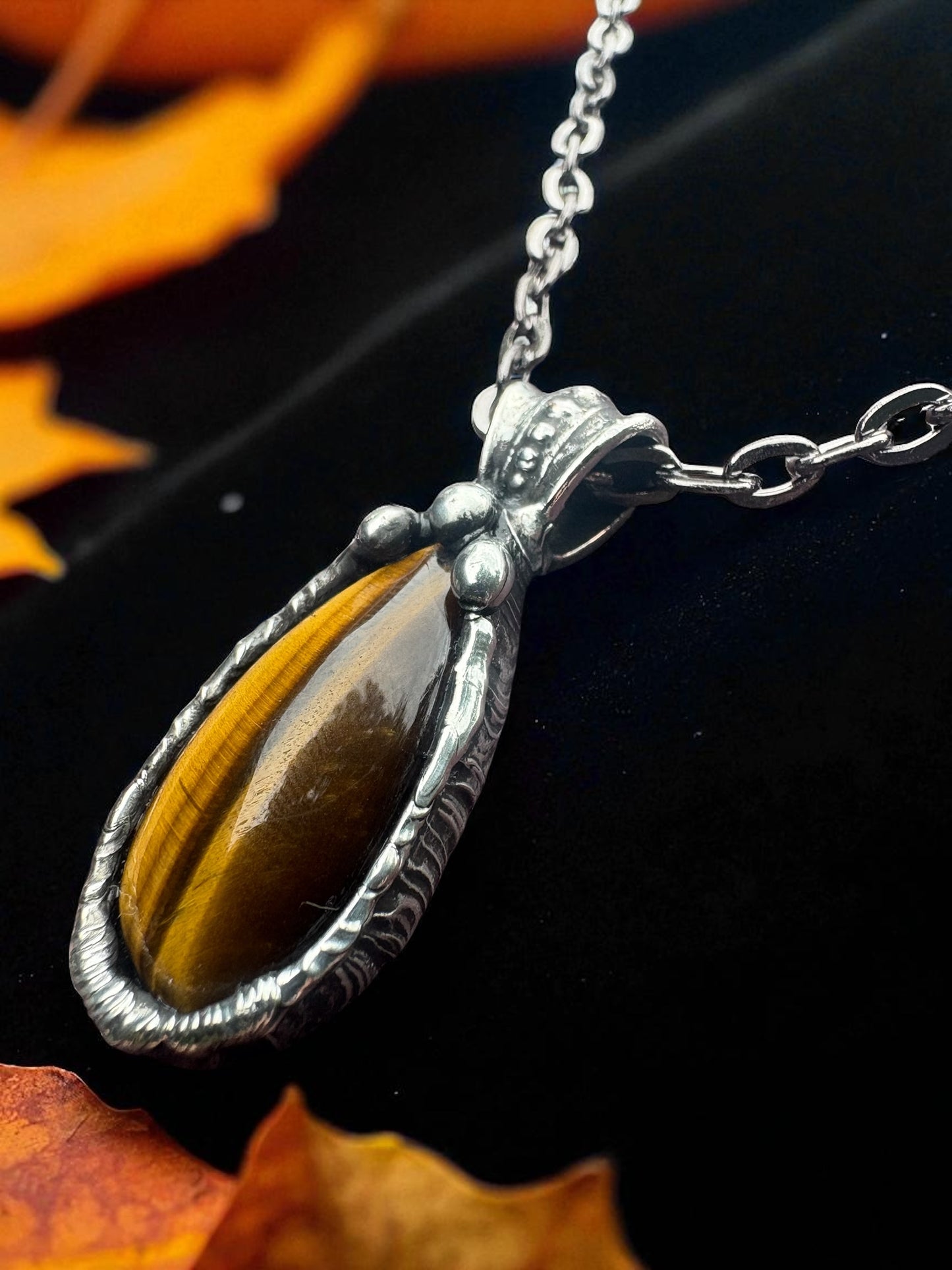 Hand crafted Tiffany technique, tiger eye amulet necklace~