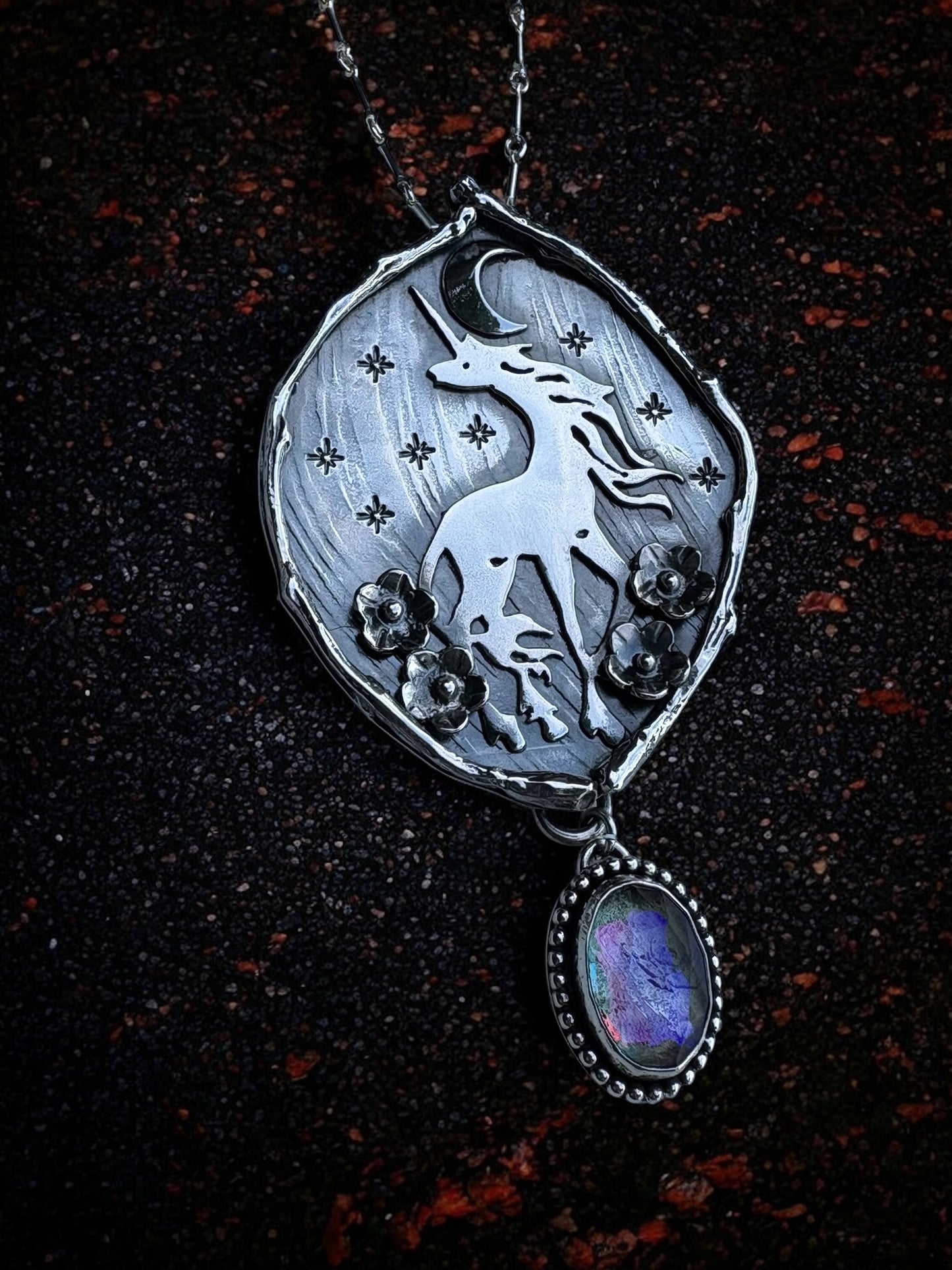 The Last Unicorn Talisman – Handcrafted Sterling Silver Necklace with Rainbow Mystic Quartz