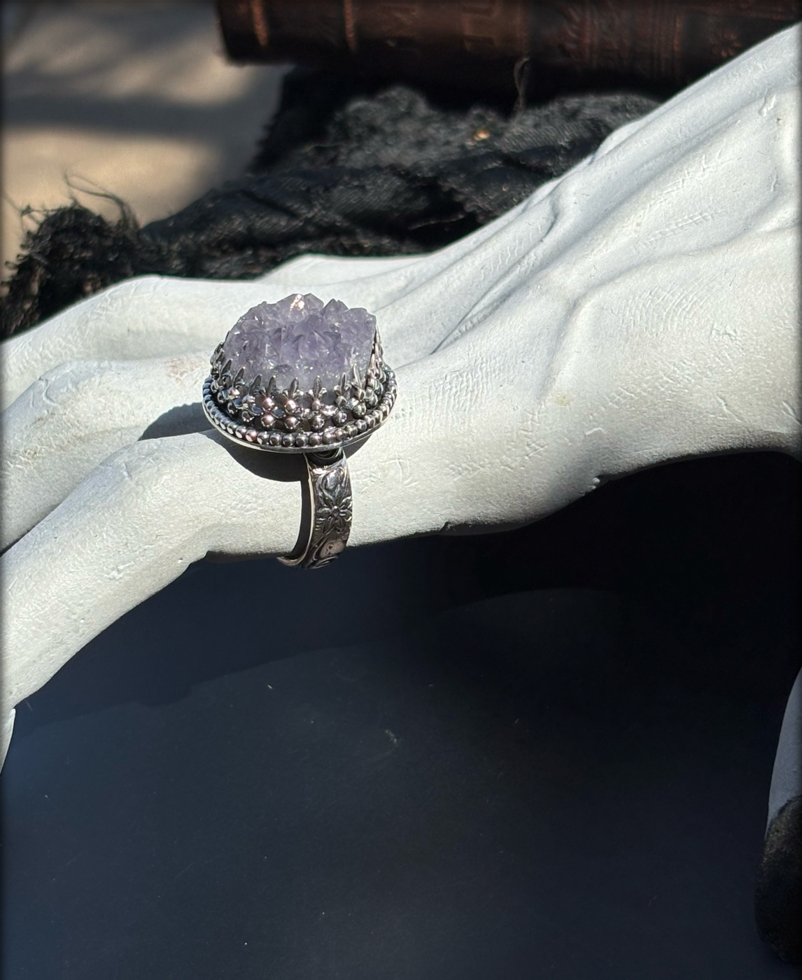 Handcrafted sterling silver raw amethyst cluster ring size 8~