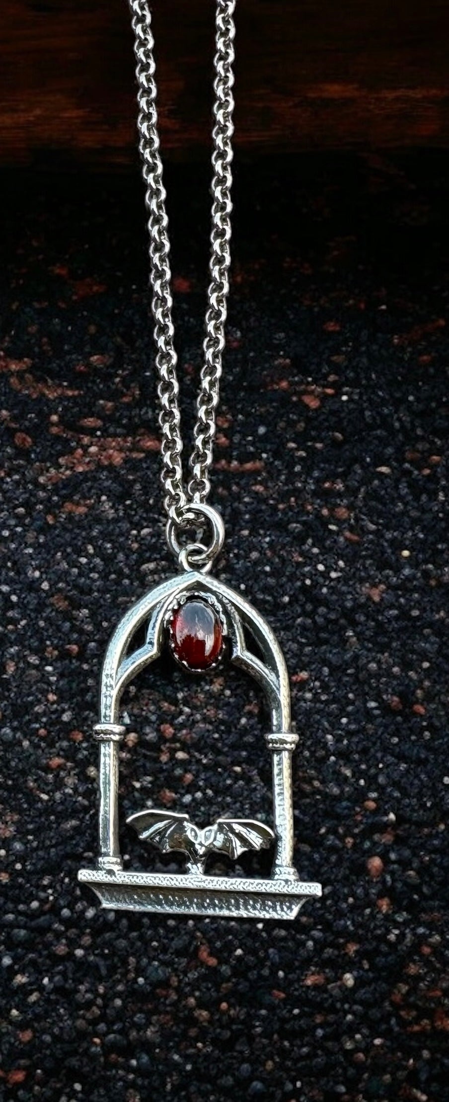 Crimson Cathedral Pendant – Sterling Silver garnet Gothic Necklace
