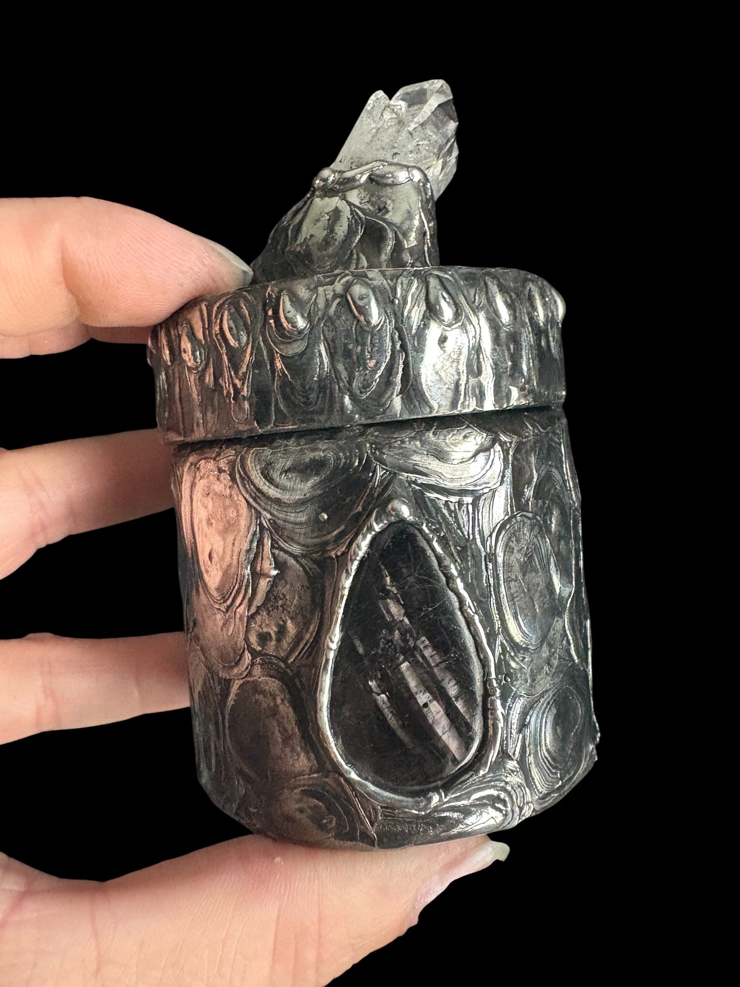 Stoned Alchemy High Priestess herbal jar(large)-clear quartz & Hypersthene -