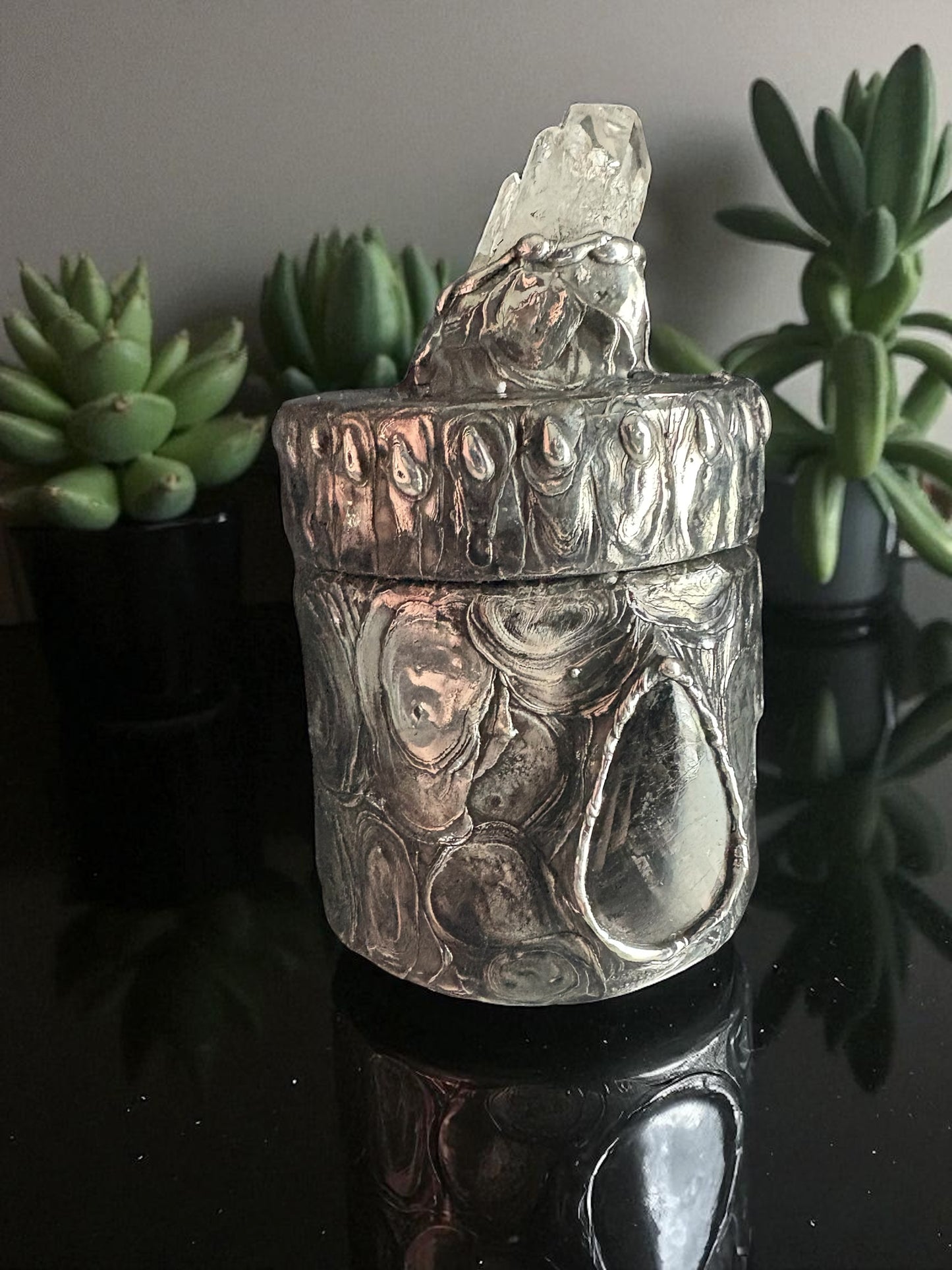 Stoned Alchemy High Priestess herbal jar(large)-clear quartz & Hypersthene -