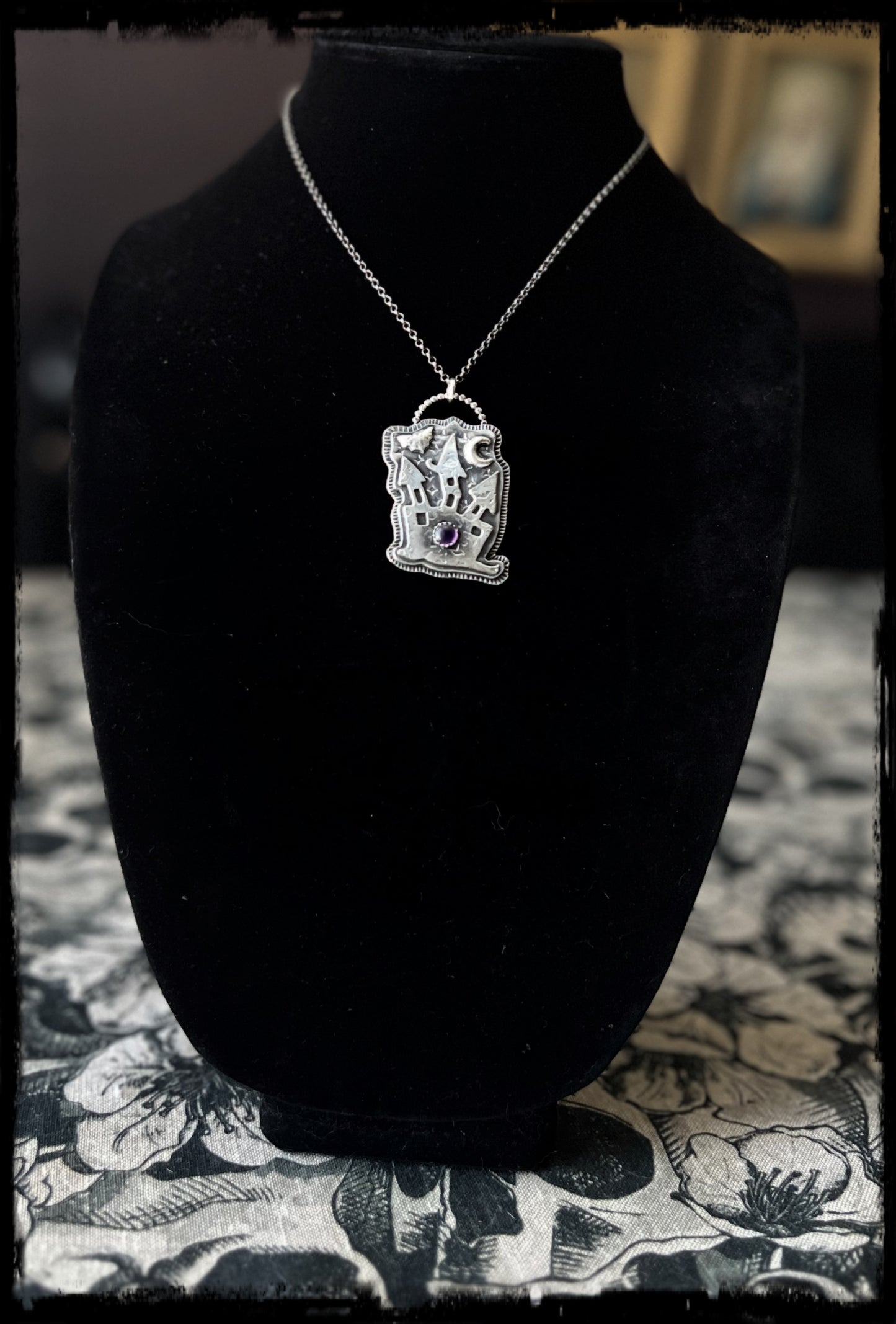 Haunted House~Hand crafted Sterling silver haunted house with amethyst necklace~