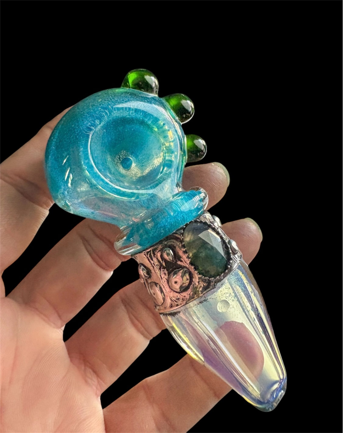 Stoned Alchemy -Ceremonial herb vessel(pipe)molten metal & green kyanite