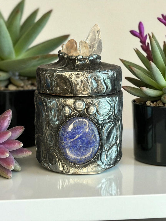 Stoned Alchemy High Priestess herbal jar(large)- clear quartz & blue kyanite