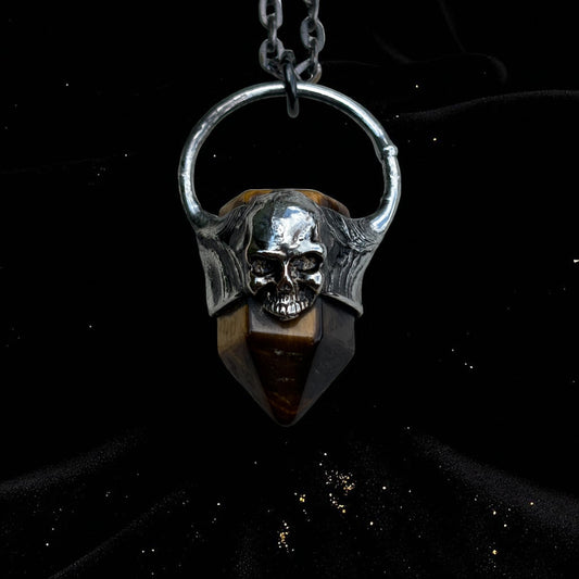 Hand crafted Tiffany technique Tiger’s Eye & human skull necklace ~