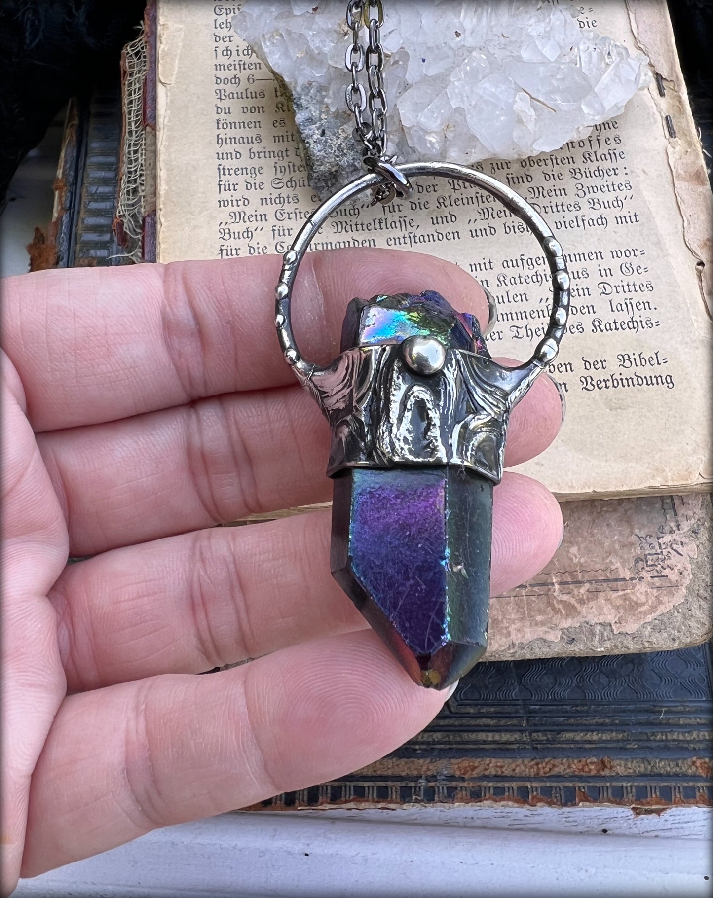 Bismuth fused crystal Tiffany Technique Talisman necklace~