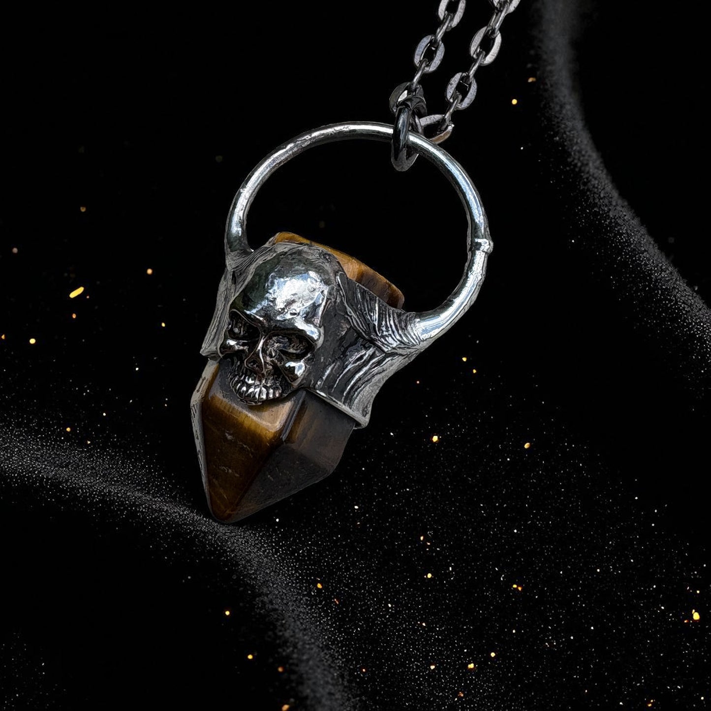 Hand crafted Tiffany technique Tiger’s Eye & human skull necklace ~
