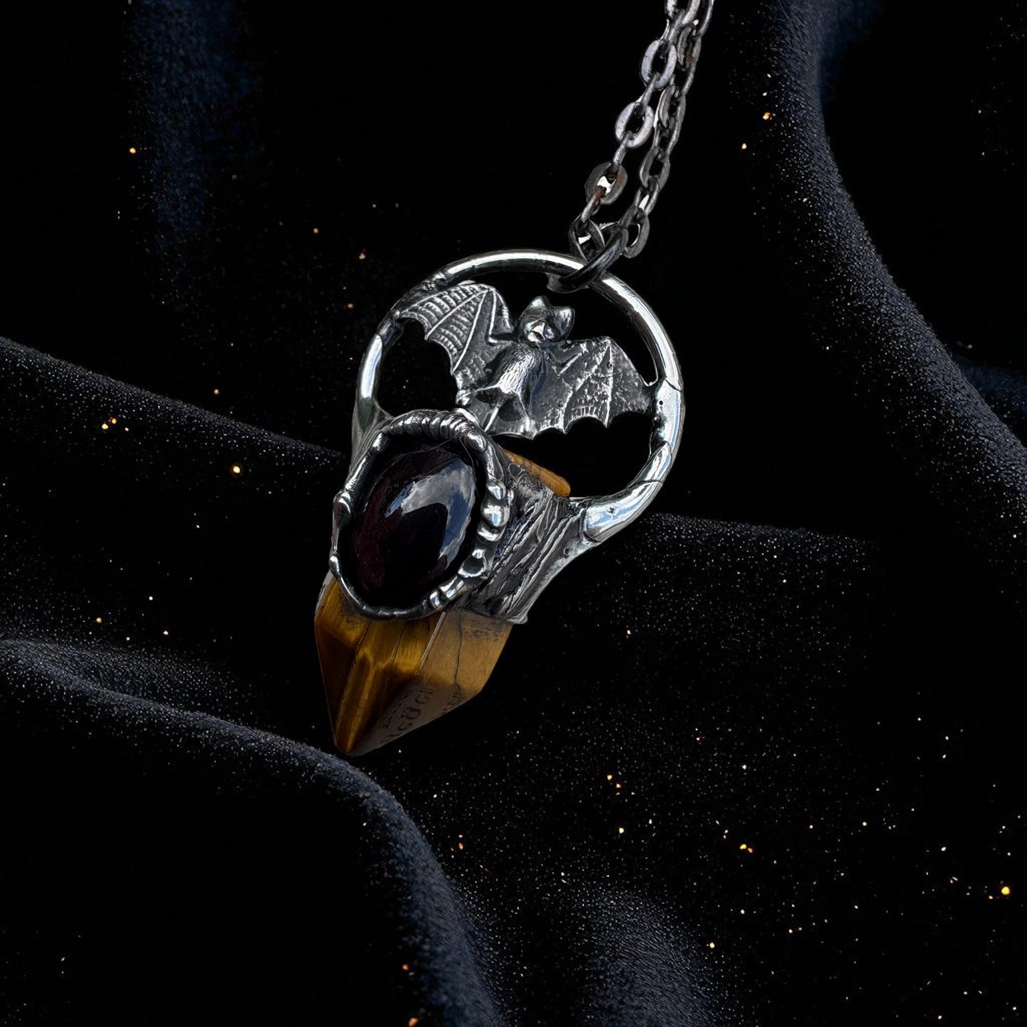 The Nocturne Talisman | Tiger’s Eye & Star Garnet Bat Necklace