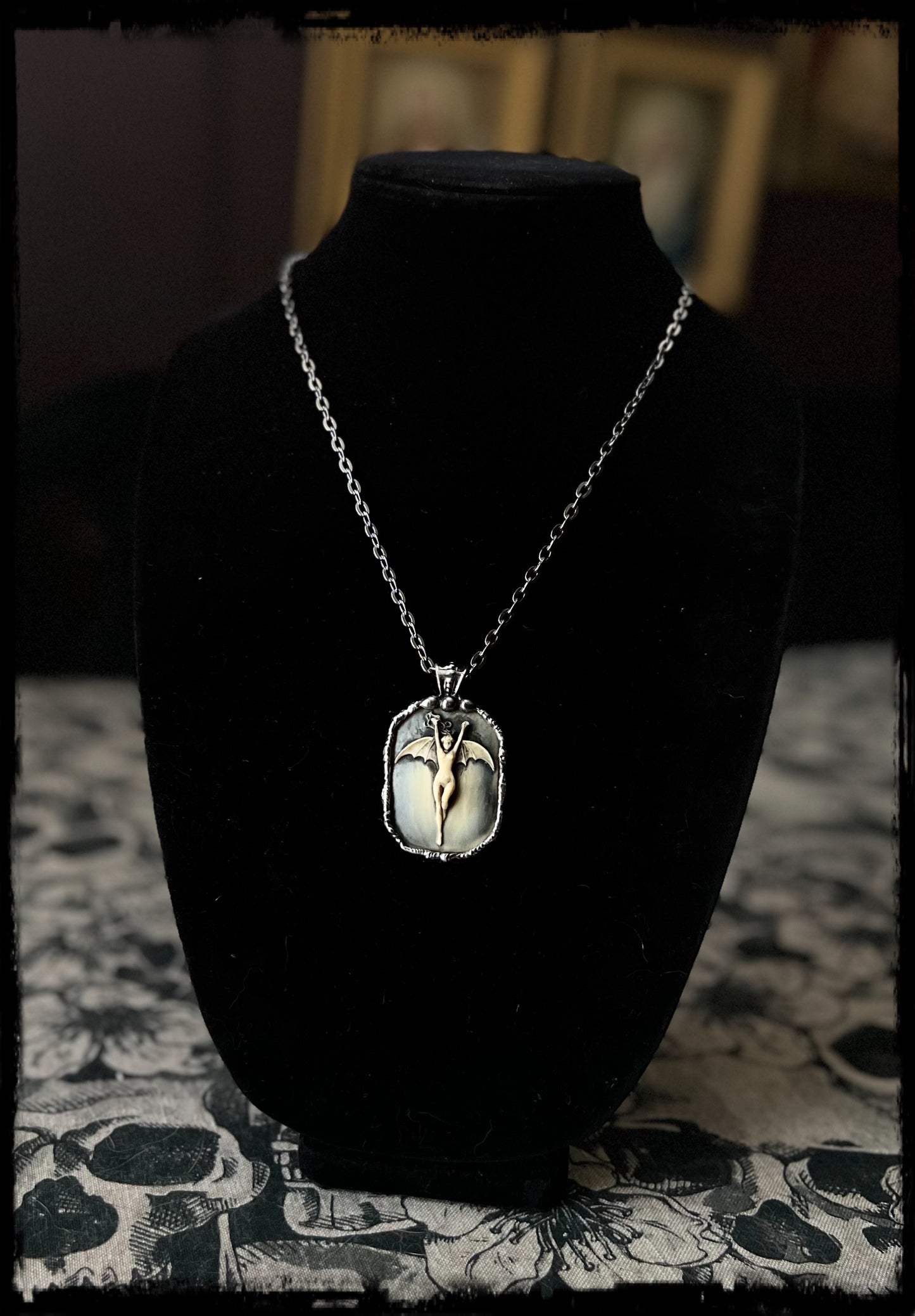 La Femme Chauve-Souris ~resin bat woman black & blue antiqued patina hand crafted Tiffany technique necklace~